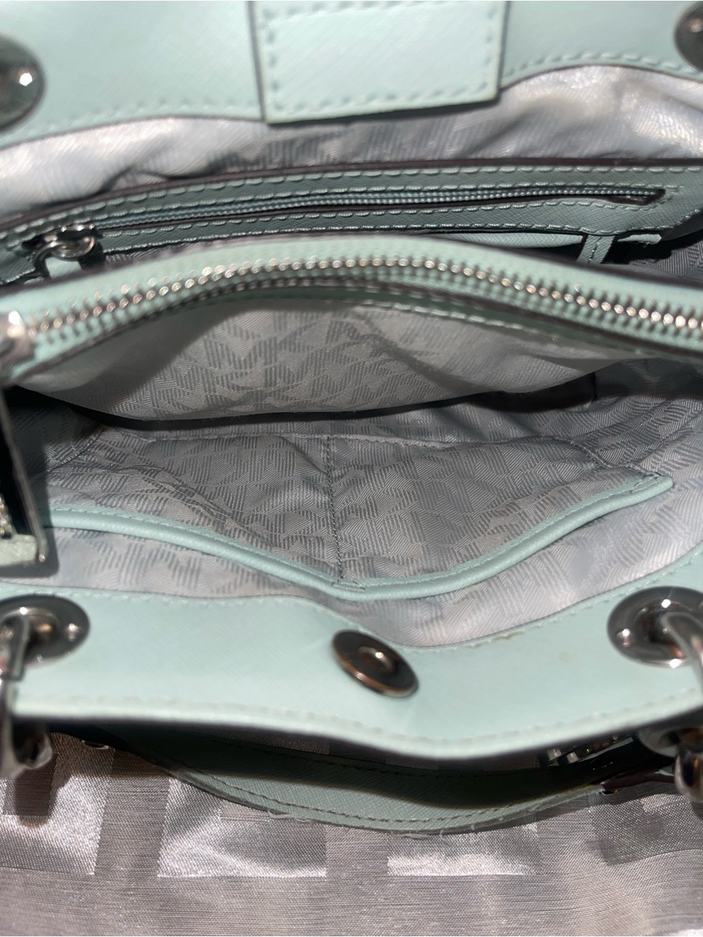 Michael Kors Cynthia Saffiano Leather Satchel with Chain Handles - Celadon - Picture 5 of 15